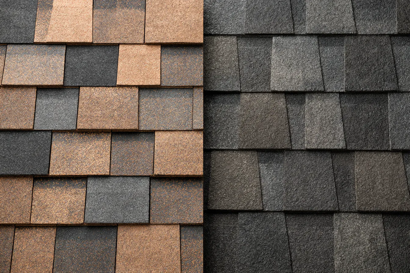 Two roof sections showing different asphalt shingle colors side by side up close