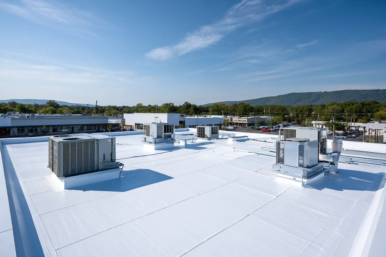 Clear sky above a white flat roof membrane with rooftop HVAC units