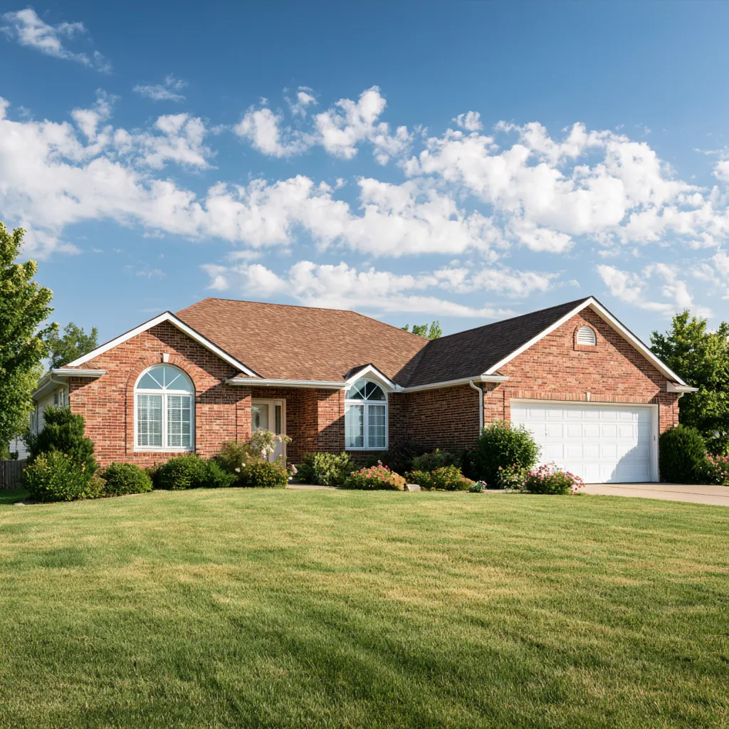 Arched windows on a red brick ranch home under a brown shingle roof
